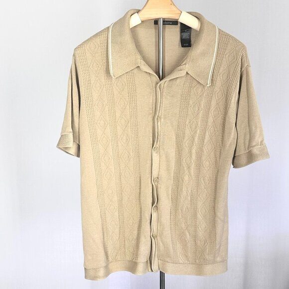 Claiborne Tan Diamond-Patterned Button Up Men's Medium Silk Shirt - Picture 1 of 5